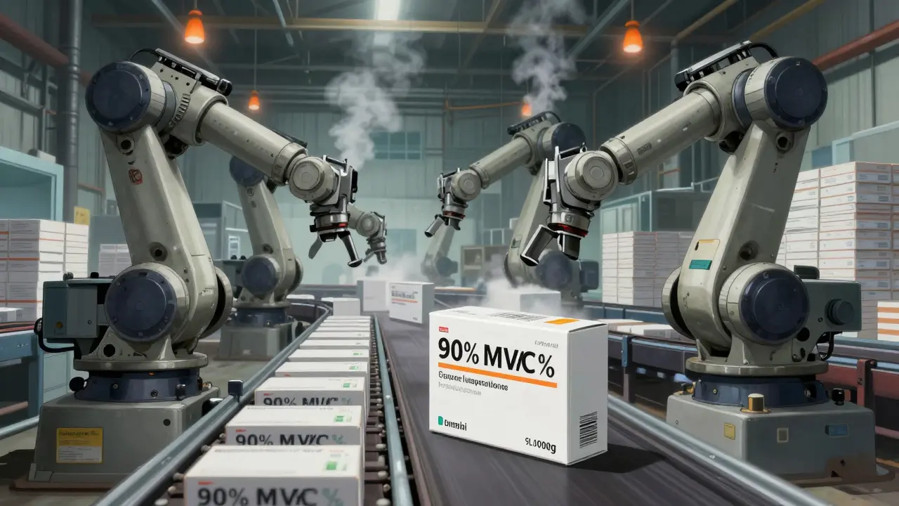 Industrial robots mass-producing generic medications in a large warehouse facility.