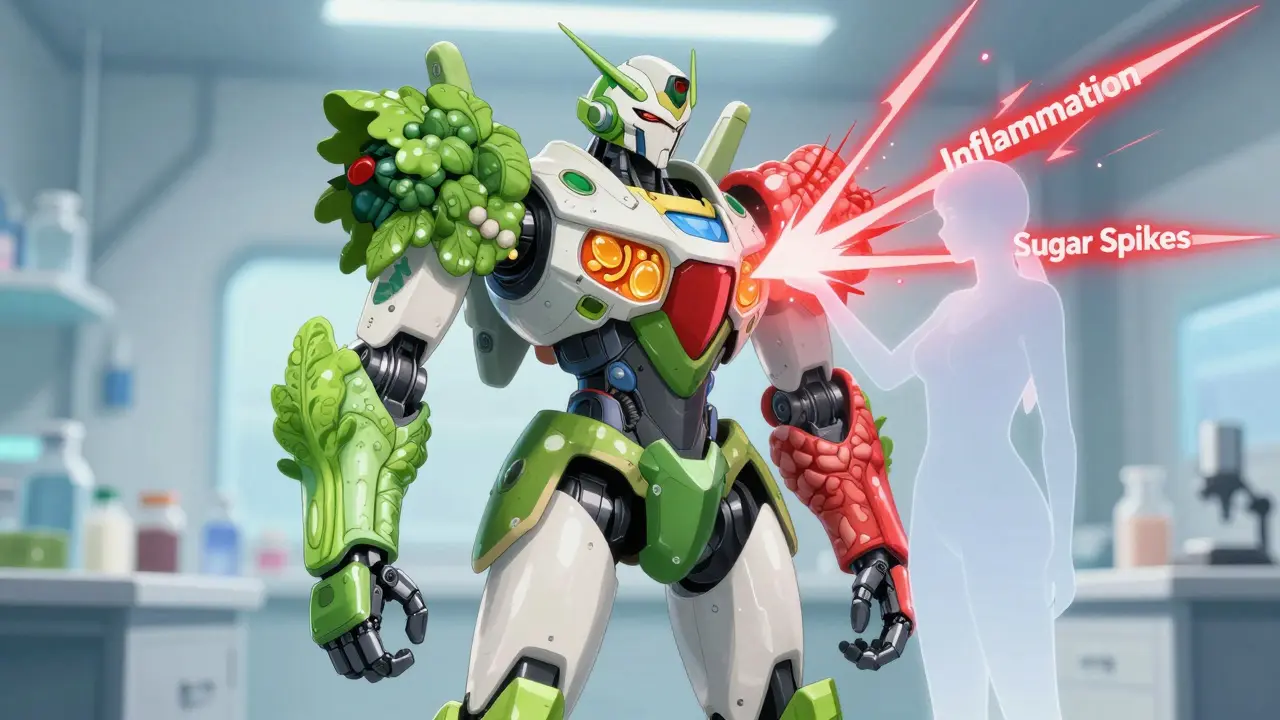 Mecha suit made of healthy foods blocking inflammation spikes