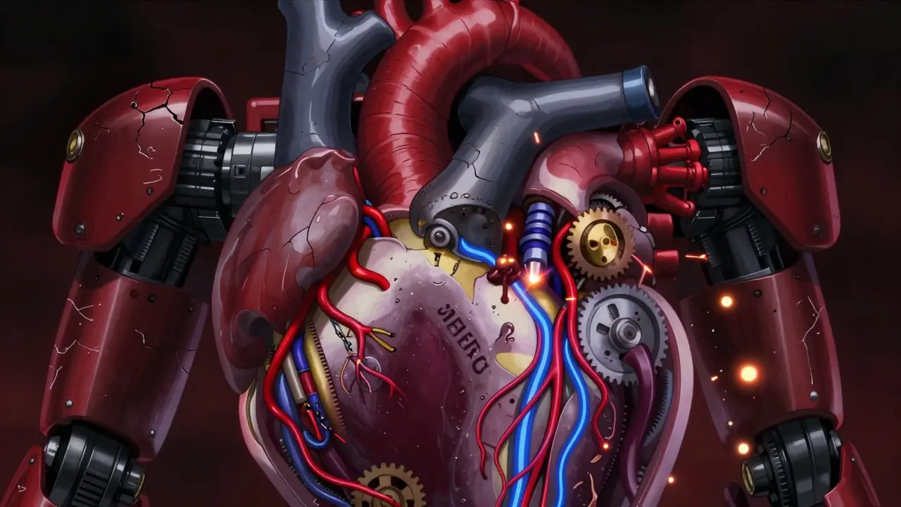 Mechanical heart with sparking wires representing cardiac arrest risk.