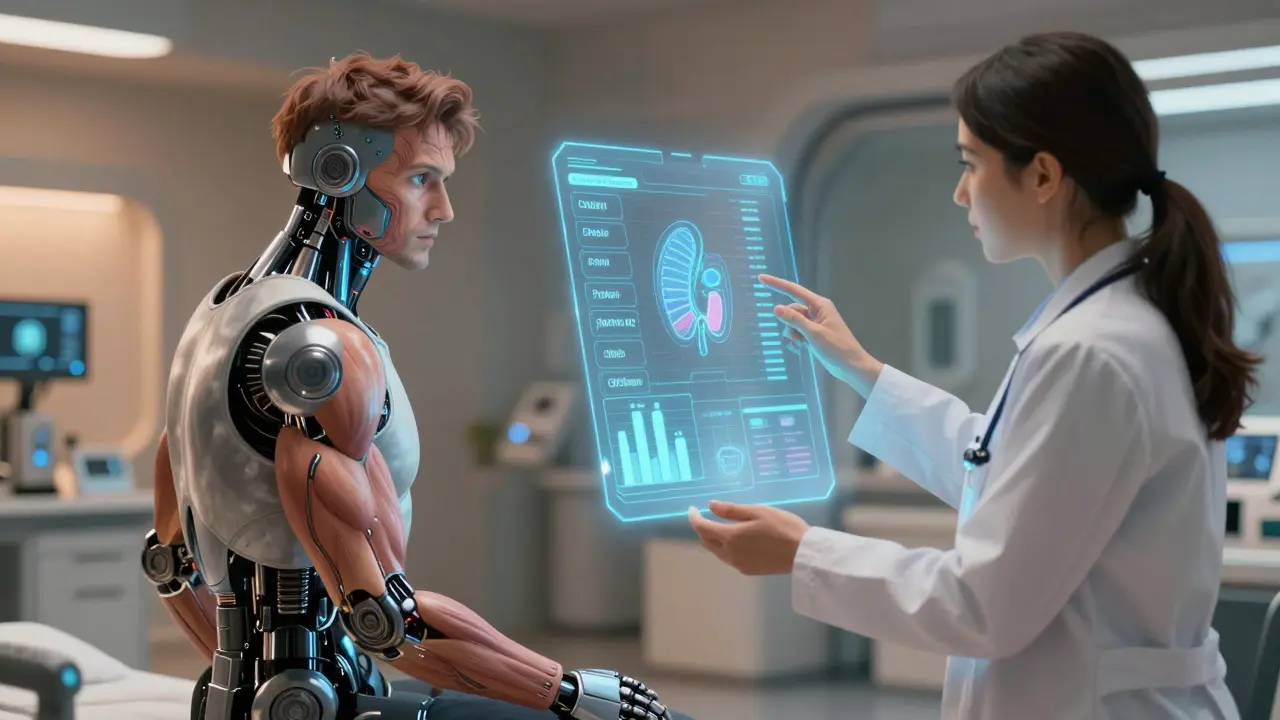Patient and dietitian reviewing protein goals holographically