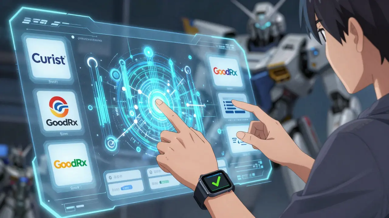 Person using futuristic interface to compare pharmacy prices