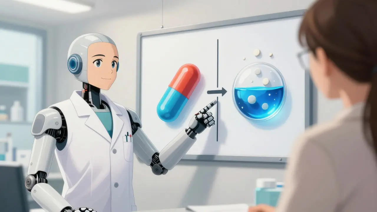 Pharmacist explaining drug equivalence with visual aids