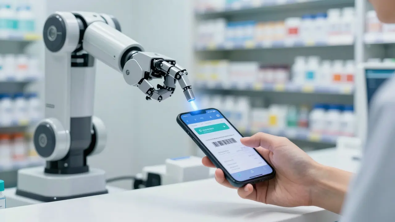 Robot arm scanning a digital coupon at a pharmacy
