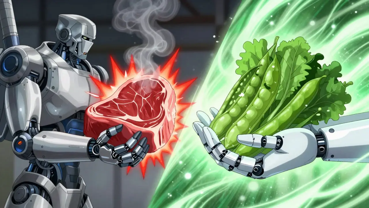 Robot arms comparing animal vs plant protein effects
