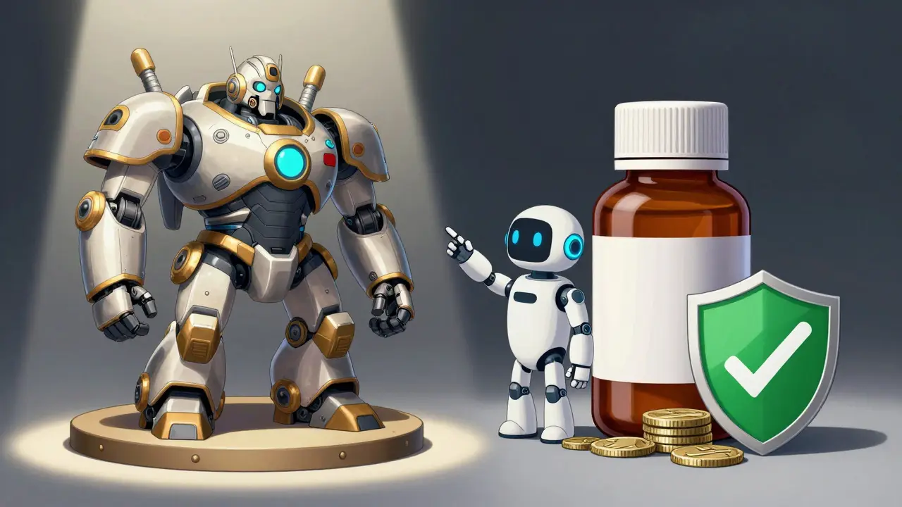 Robot comparing generic vs brand medication costs