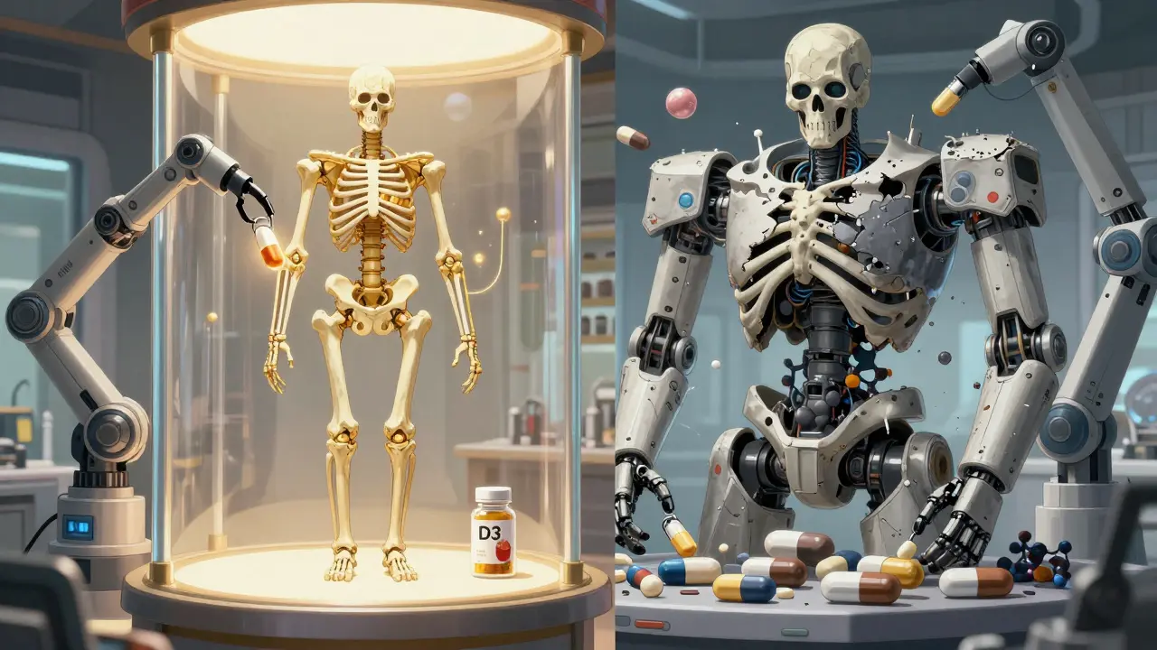 Robot comparing healthy vs brittle bones with supplements