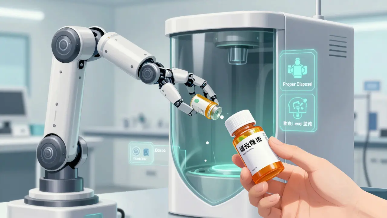 Robotic arm disposing expired meds while holding fresh prescription