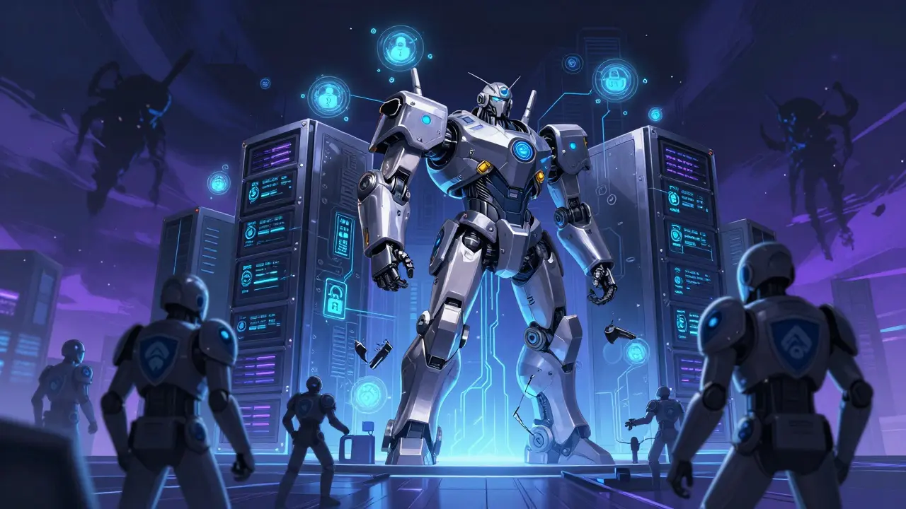 Robotic security guards protecting digital patient data servers from cyber threats