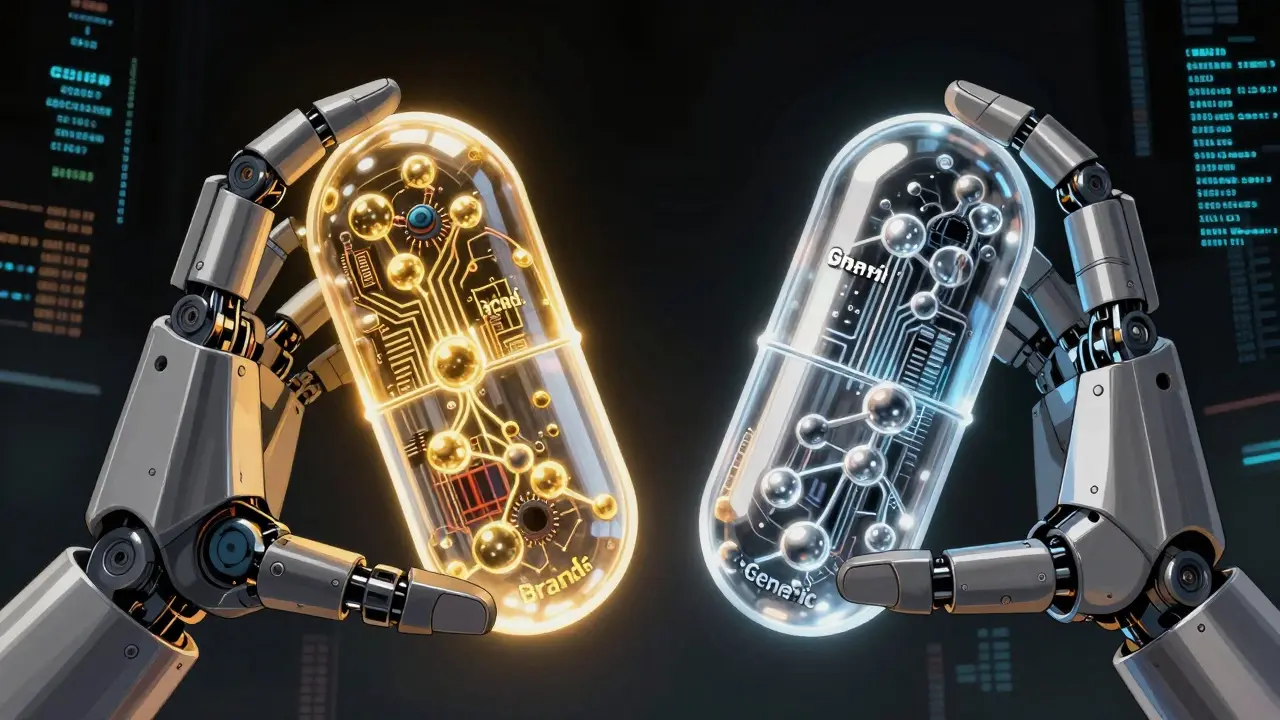 Split view showing identical molecular structures inside brand and generic pills.
