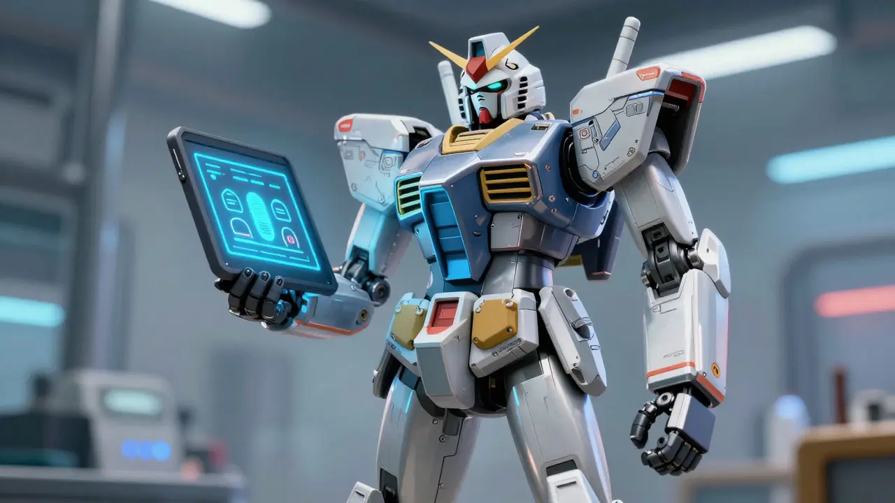 A sleek, metallic robot in a real robot anime style holding a digital tablet with health icons, set against a modern lab background.