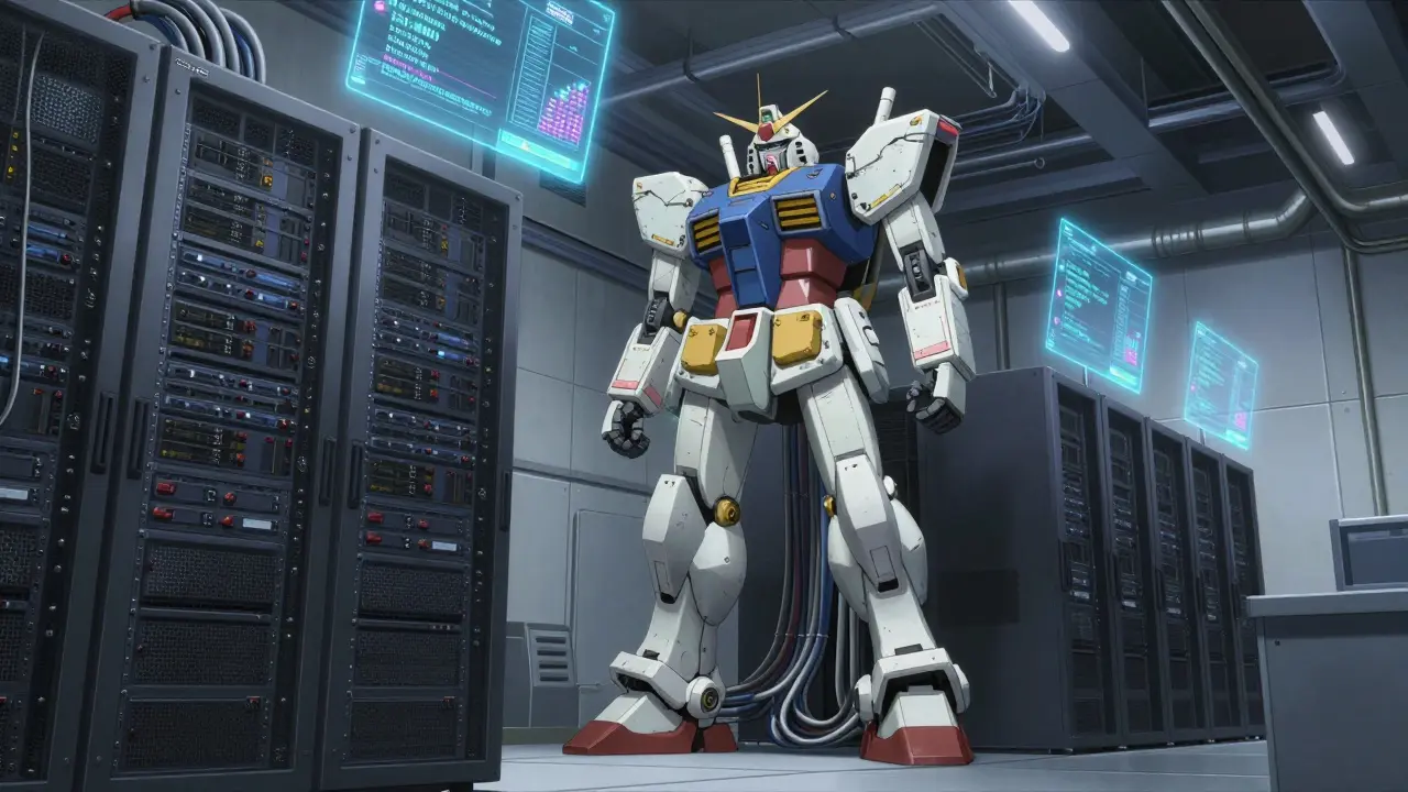 A towering, mecha-inspired server room with holographic displays, depicting a secure and advanced environment for drug information storage.