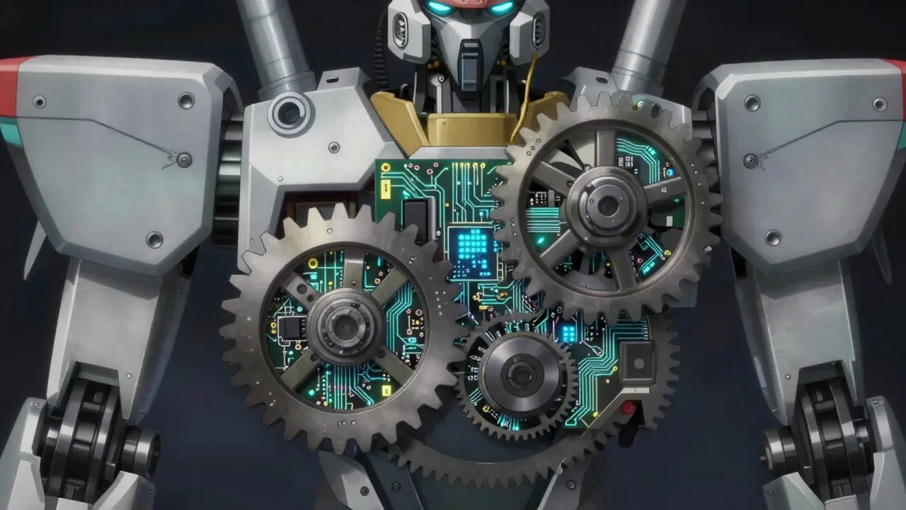 An intricate close-up of mechanical gears and digital circuits merging, symbolizing pharmaceutical precision in a dark, high-tech anime setting.