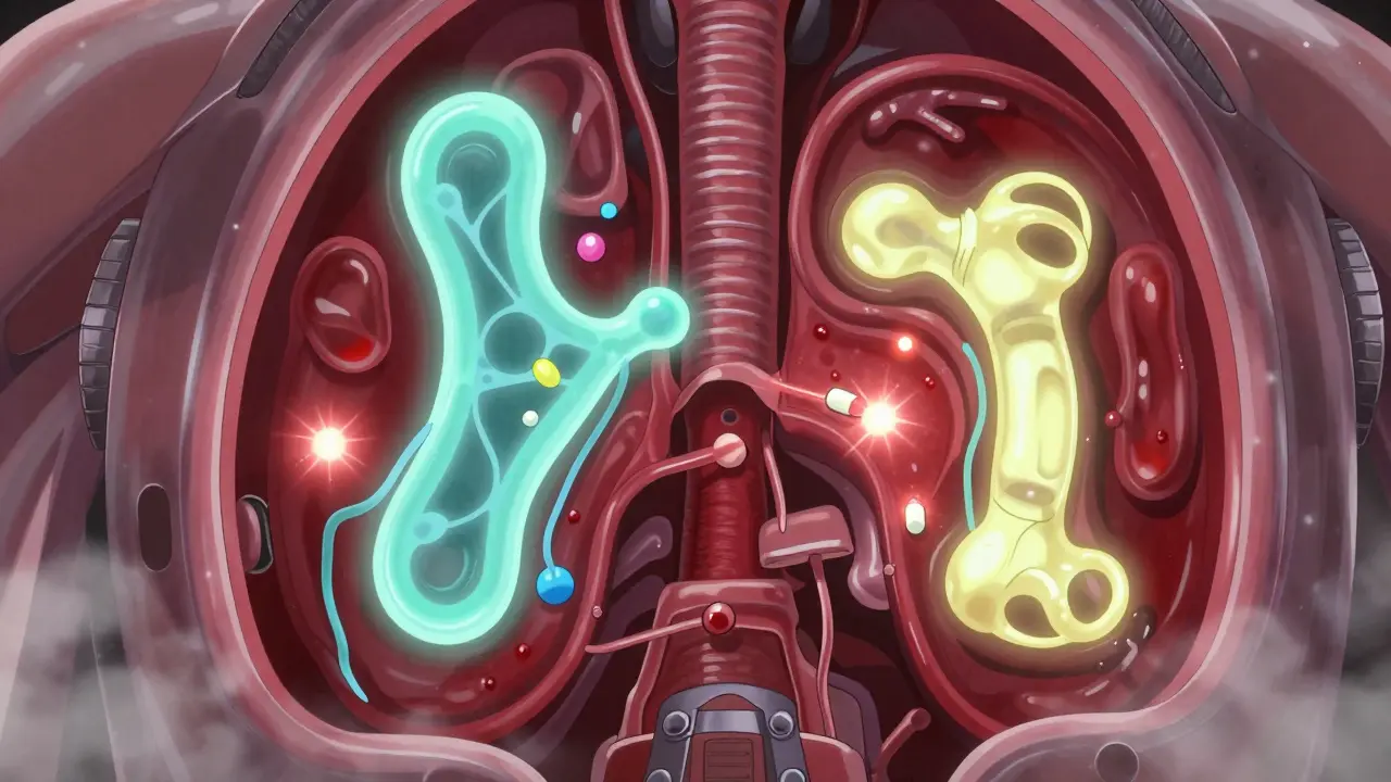 Conceptual art of drug particles binding to proteins in bloodstream