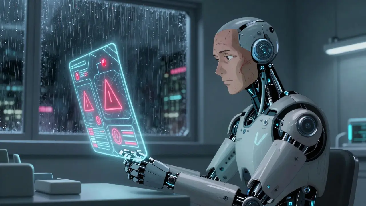 Cyborg patient viewing medical warning holograms