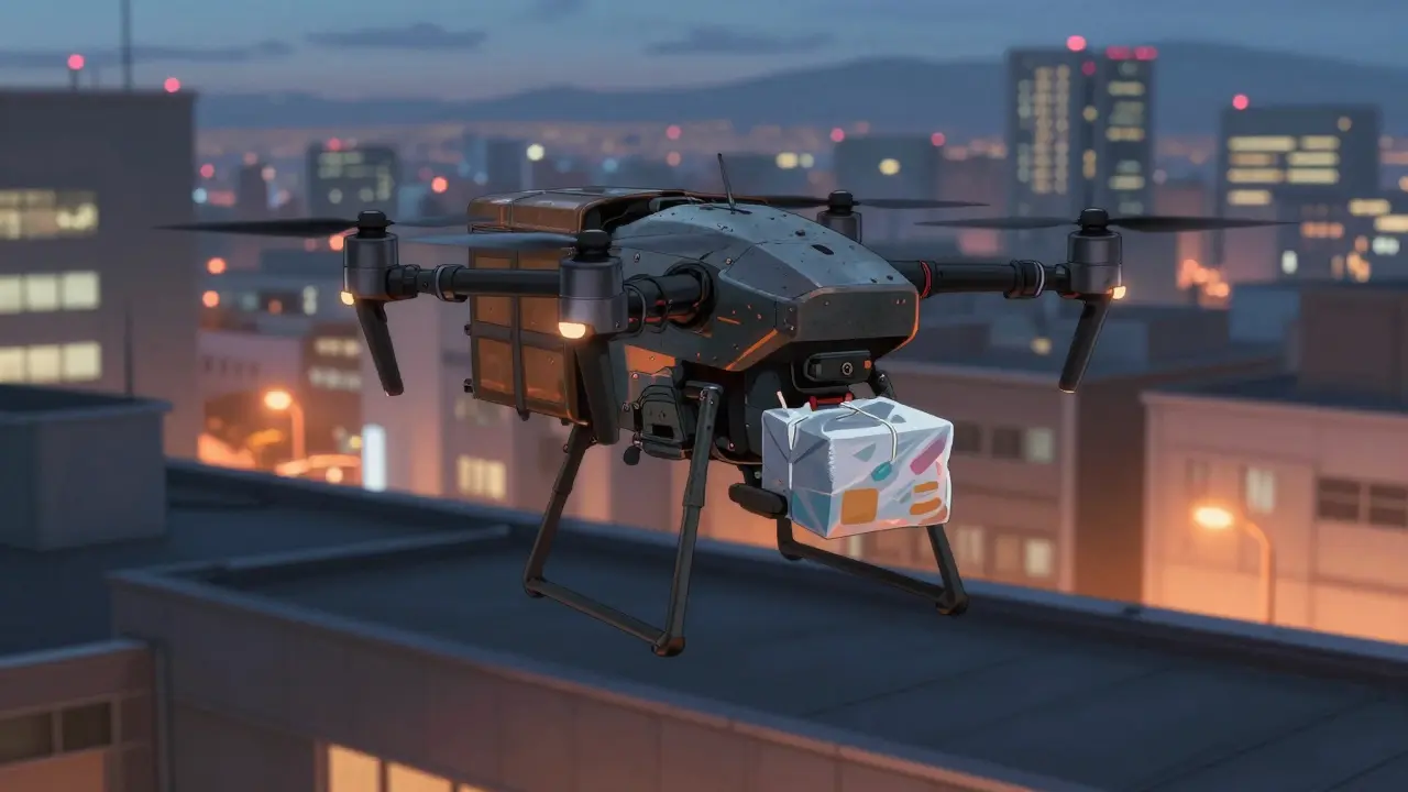 Industrial delivery drone landing with a medical package