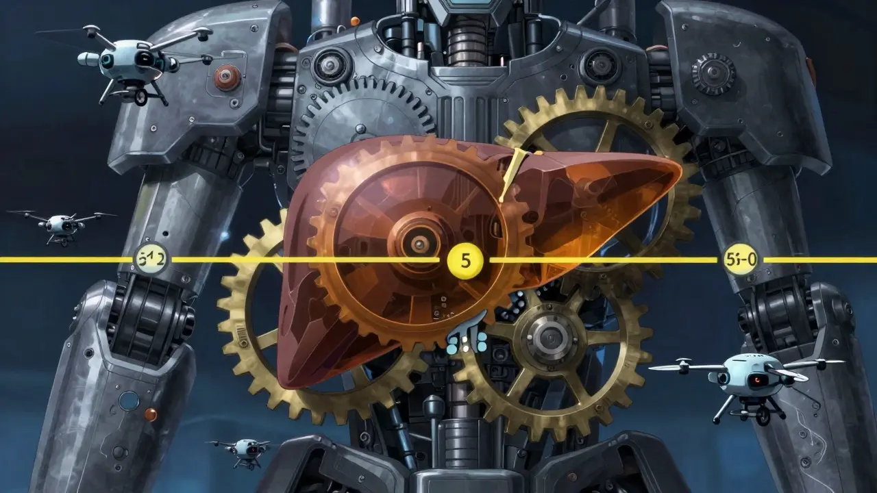 Mechanical gears representing liver metabolism timeline