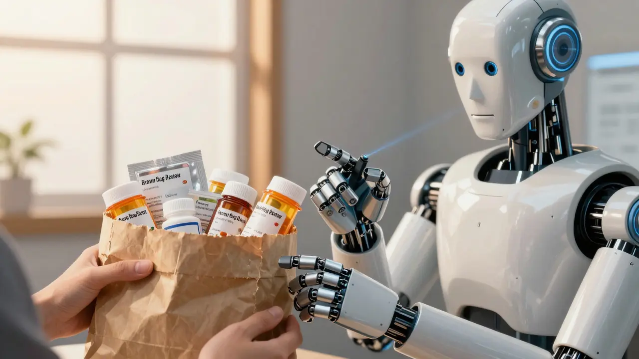 Robot assists patient in reviewing medications from brown bag