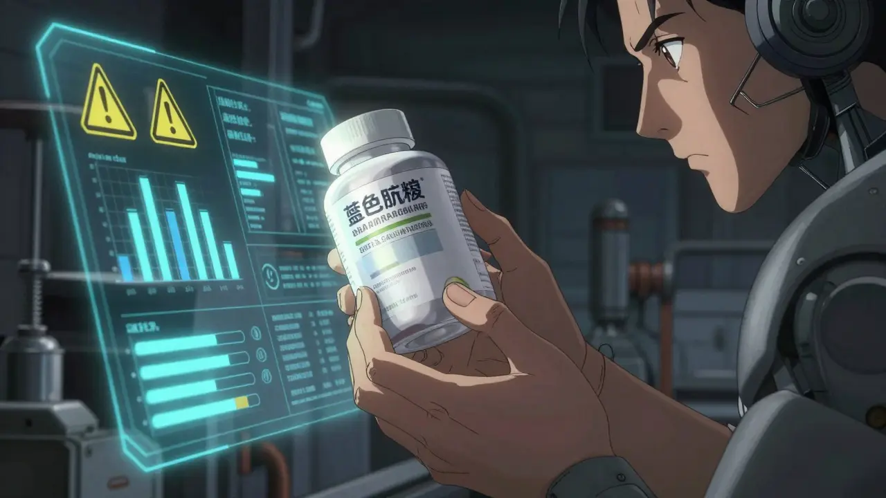 Close-up of hands inspecting a supplement bottle with holographic warning overlays.