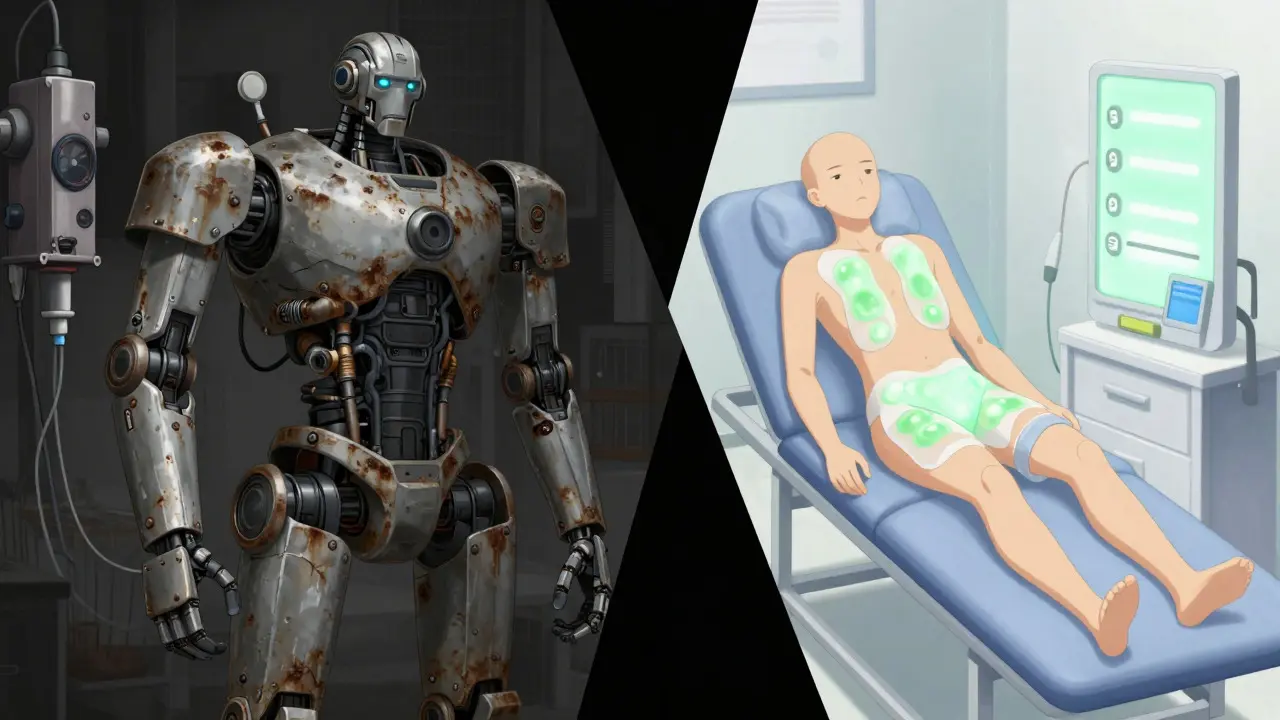 Contrast between rusty dialysis machinery and clean, safe pain relief tools.
