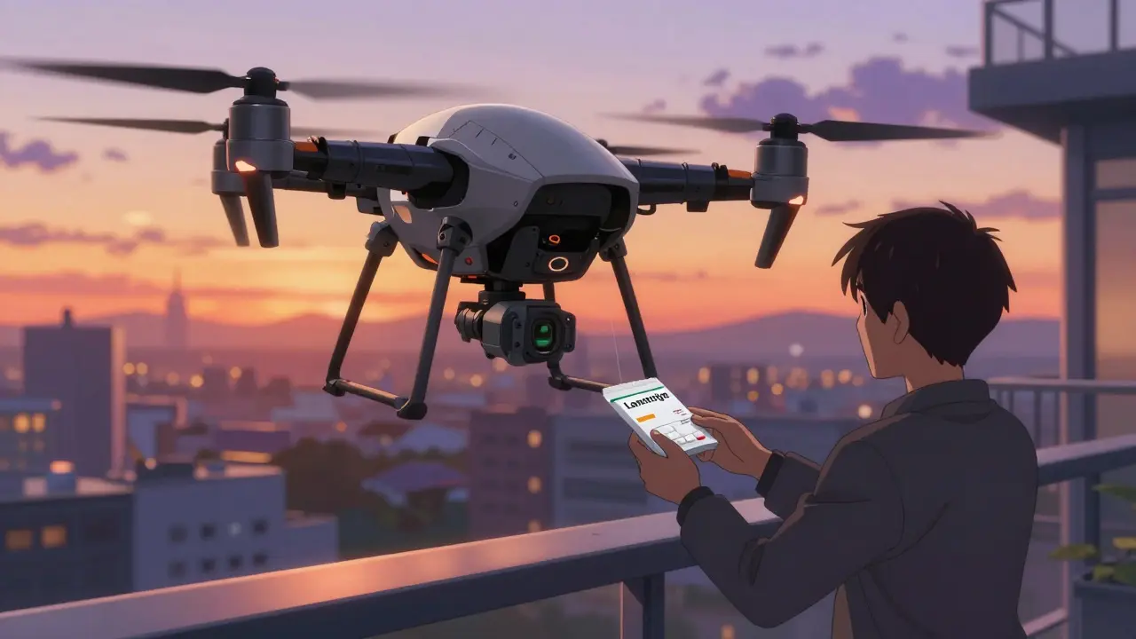 Delivery drone dropping off medication package on balcony