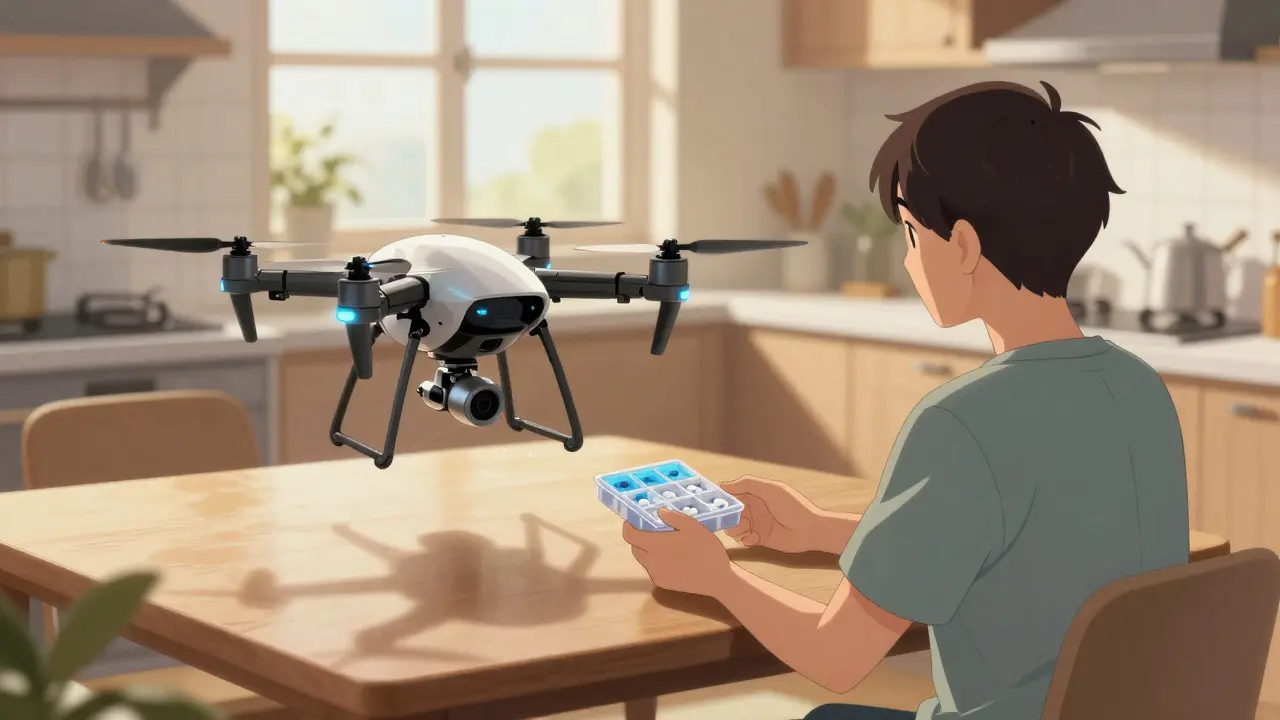 Delivery drone handing a pill organizer to a patient at home
