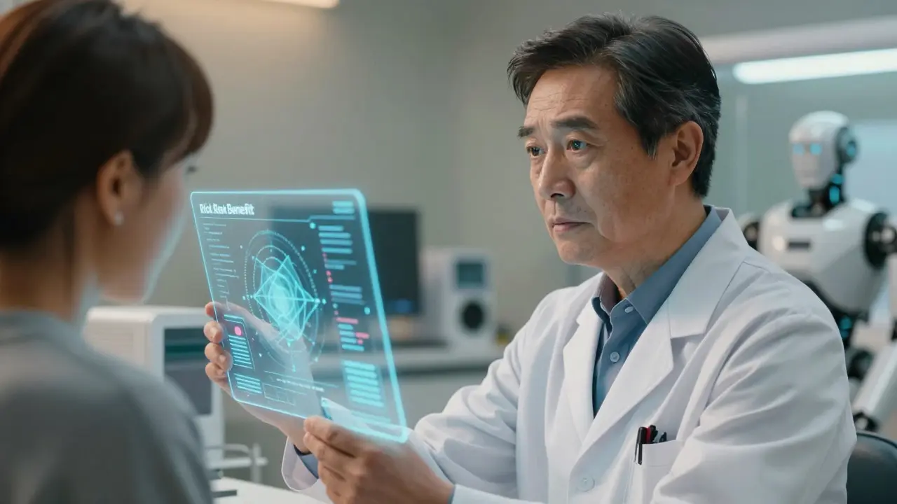 Doctor and patient discussing medication risks using holographic data display in clinic