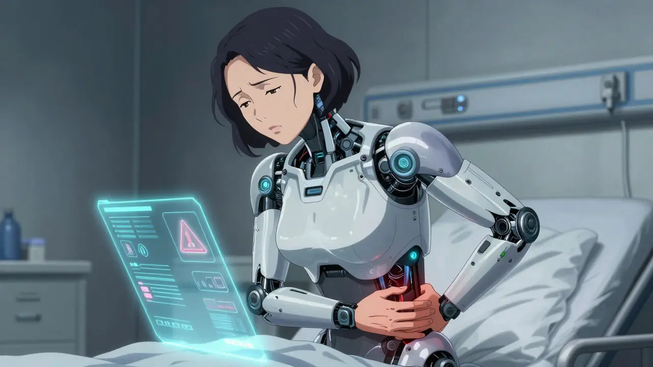 Fatigued woman with cybernetic health warnings indicating kidney stress.