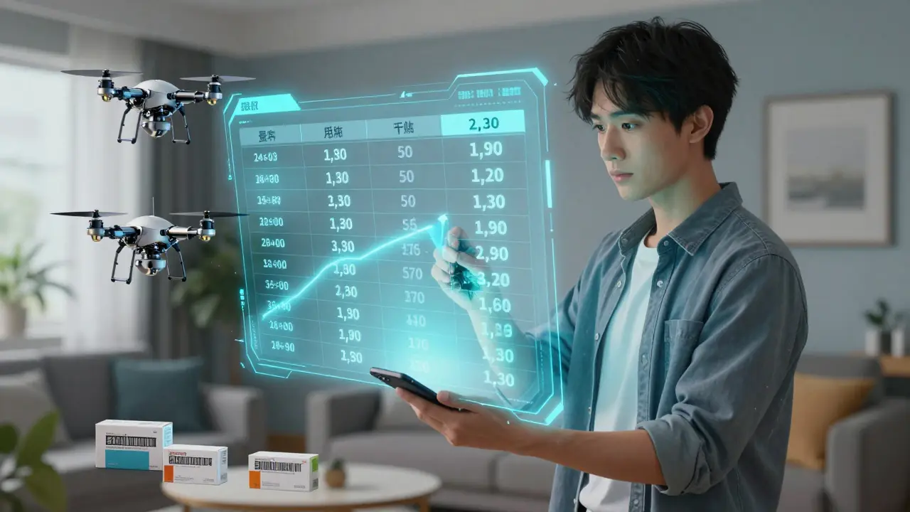Holographic chart comparing drug prices with scanning drones