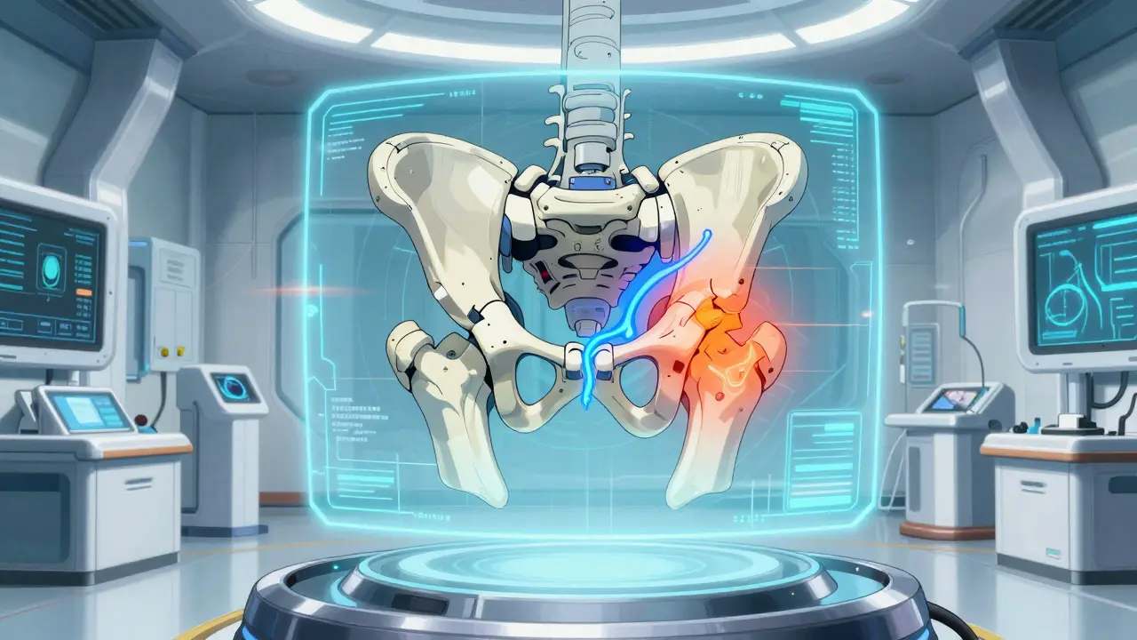 Holographic pelvic scan highlighting labral tear with glowing blue contrast dye leak.