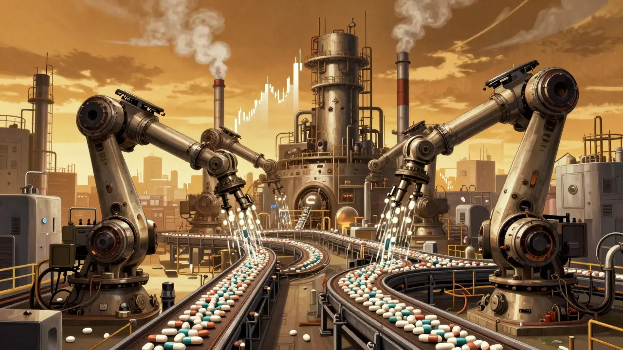 Industrial robots mass-producing generic medications in a factory