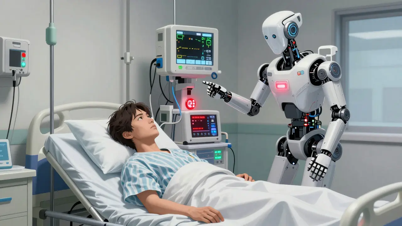 Patient in high-tech hospital bed monitored by robotic nurse unit