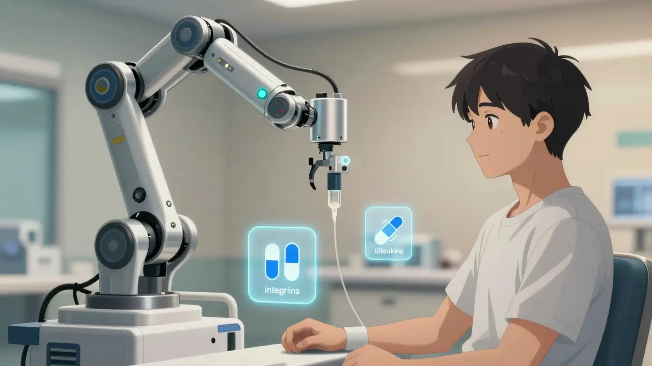 Patient receiving infusion from robotic arm
