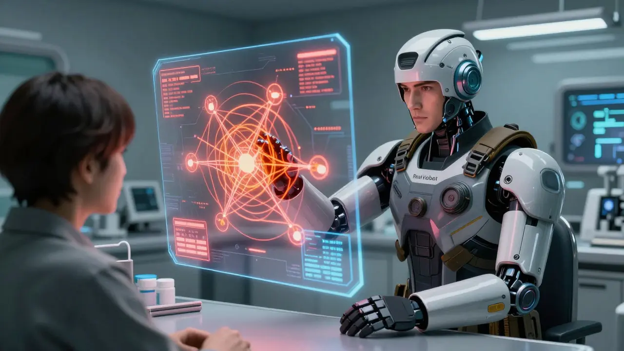 Pharmacist analyzing holographic drug interaction web in a high-tech clinic