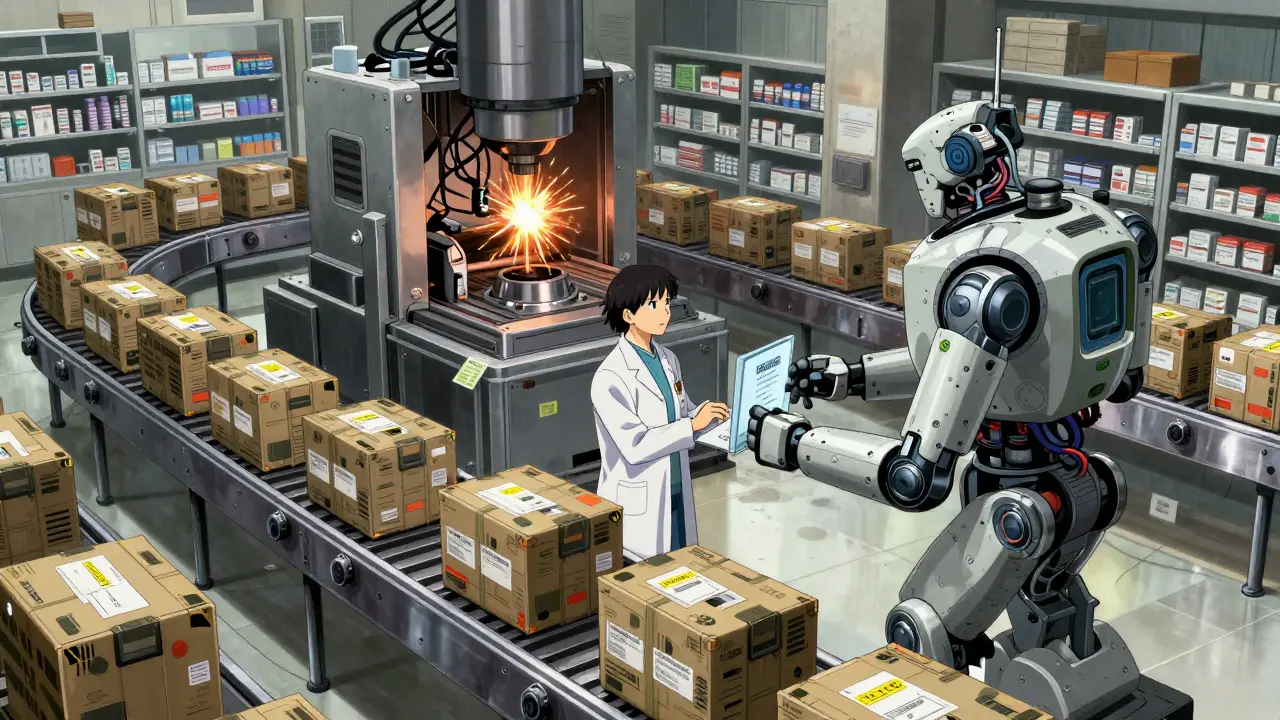 Robotic pharmacy sorting system with pharmacist inspecting generic drugs
