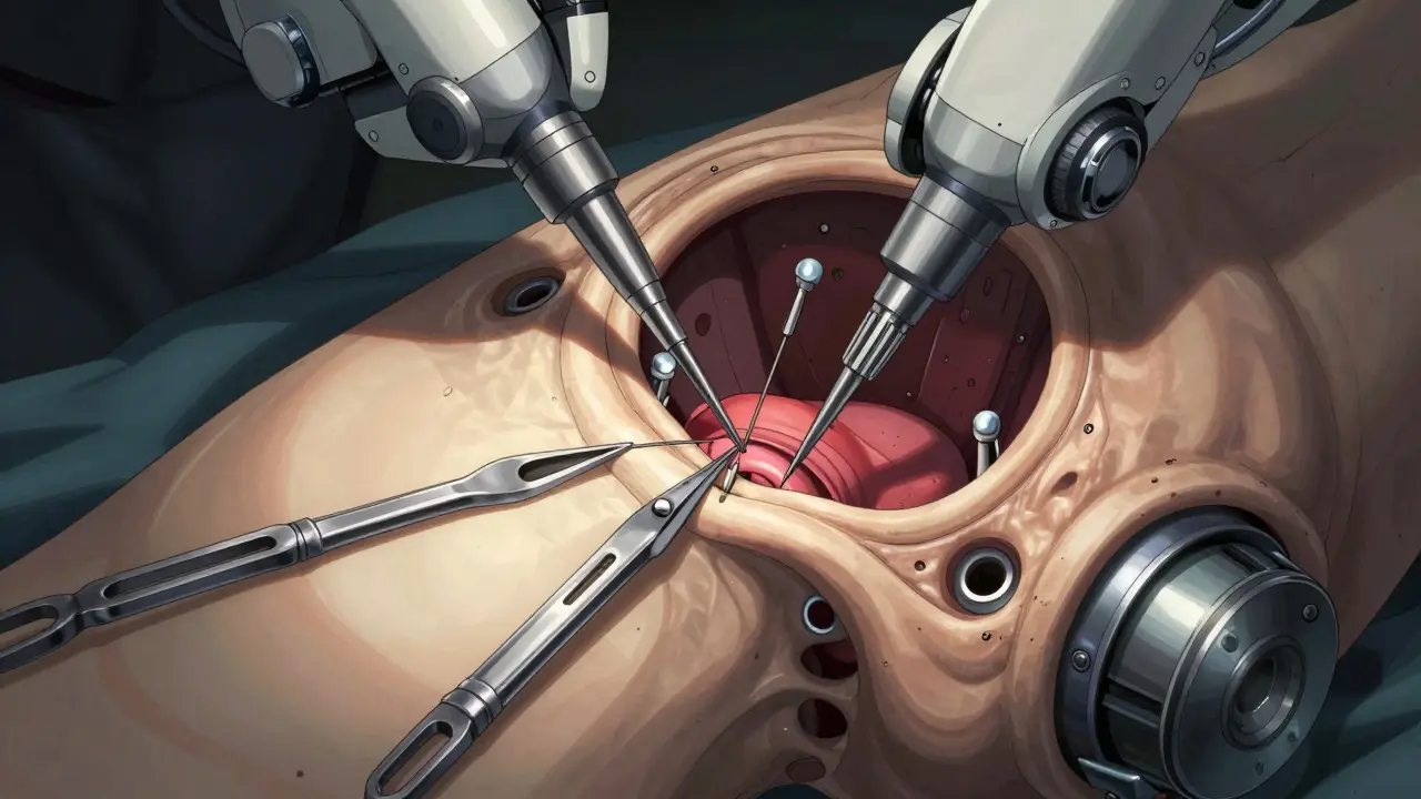 Robotic surgical arms repairing torn hip cartilage inside a mechanical joint cavity.