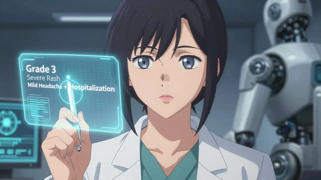 Scientist analyzing severity versus seriousness criteria on holographic screens