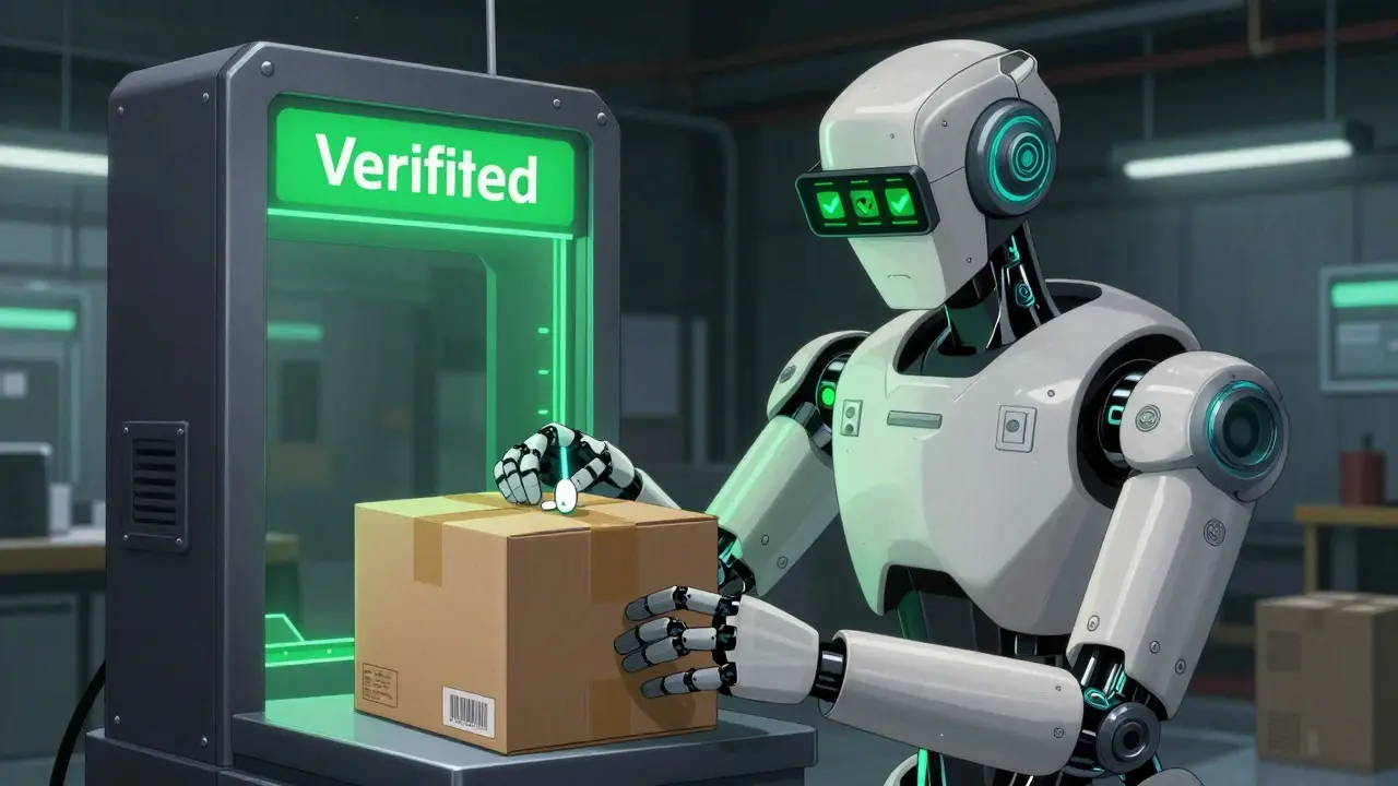 Security robot scanning a verified medicine package with green lights