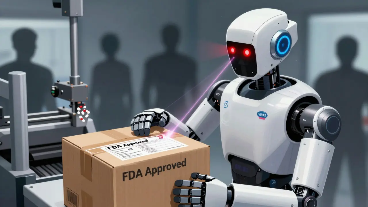 Security robot scanning package for FDA approval seal