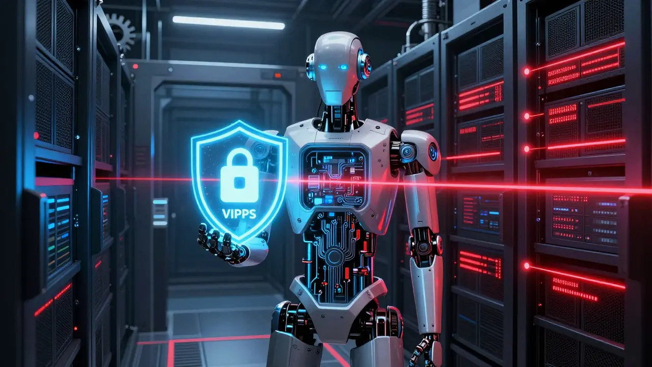 Security robot verifying online pharmacy accreditation shields