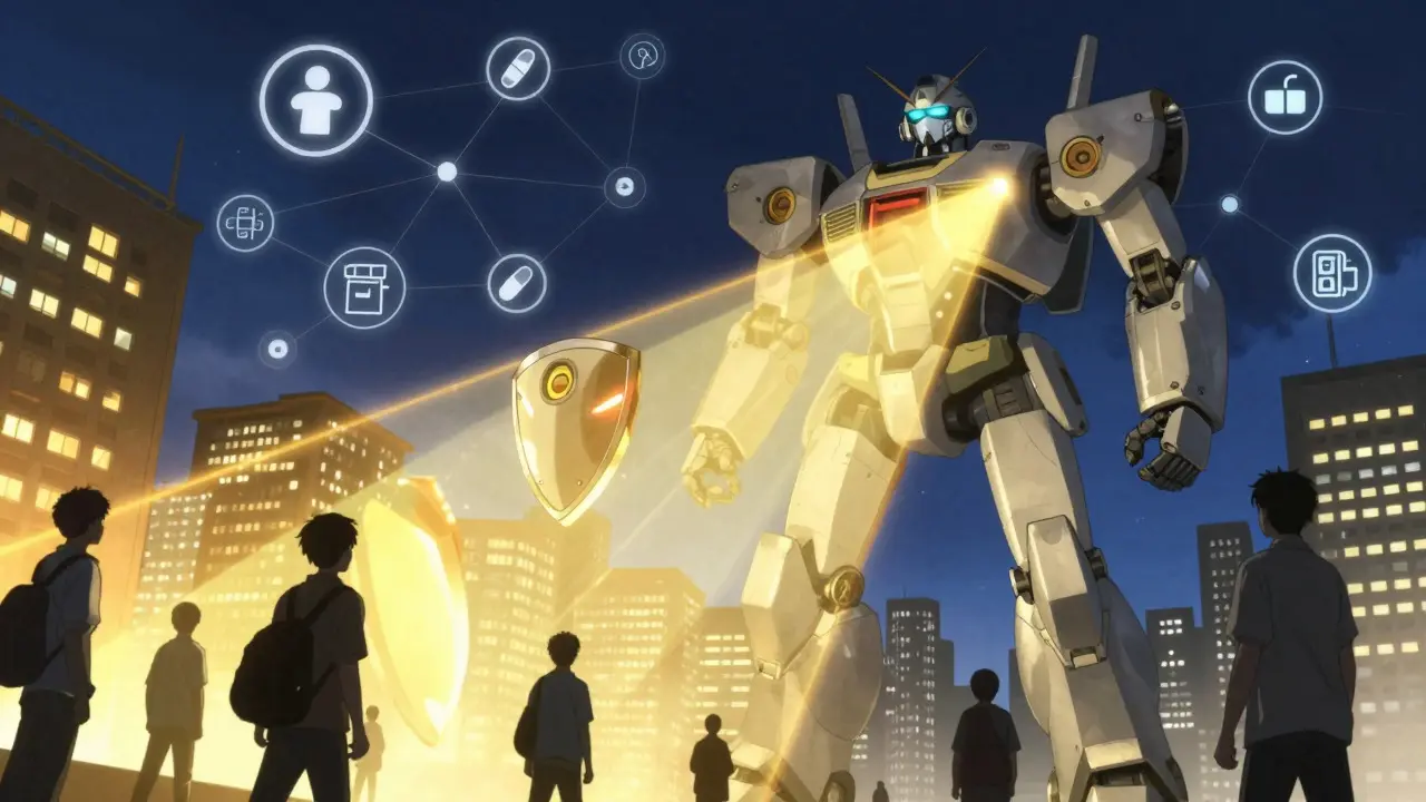 A giant robotic guardian projecting protective shields over a city, symbolizing drug safety alerts.