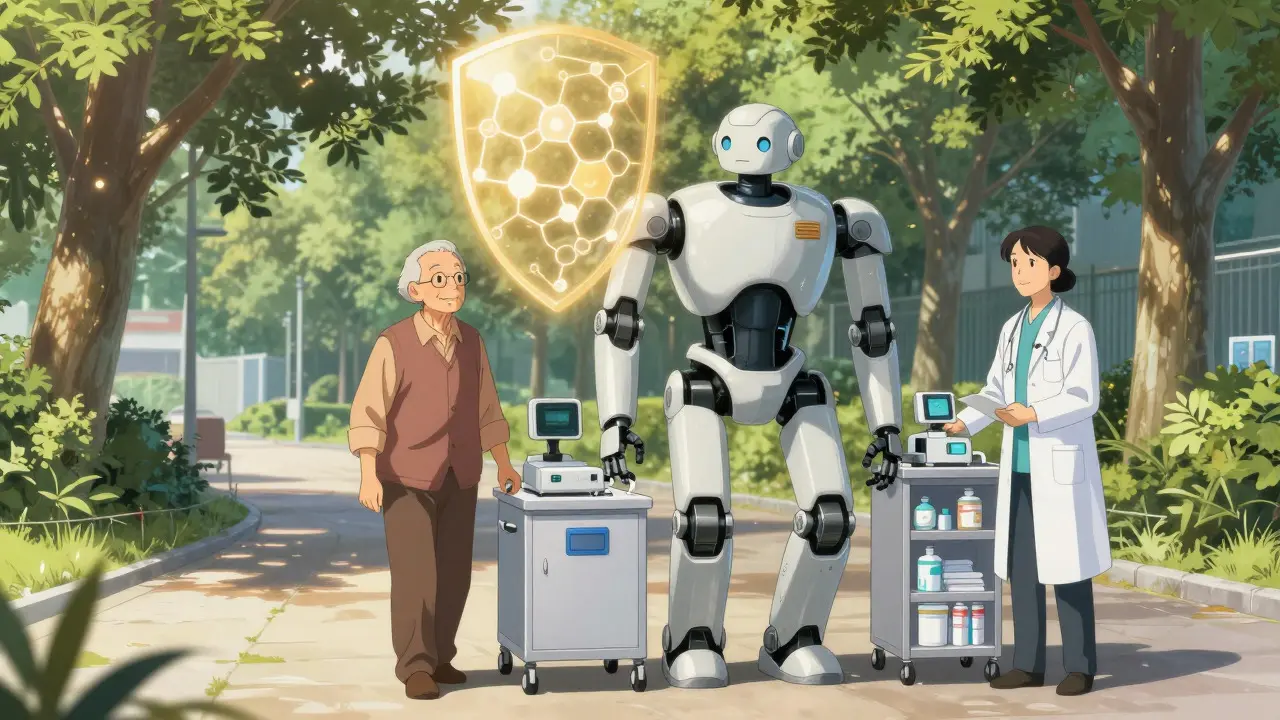 A real robot walking with a doctor and patient under a protective holographic shield in a park