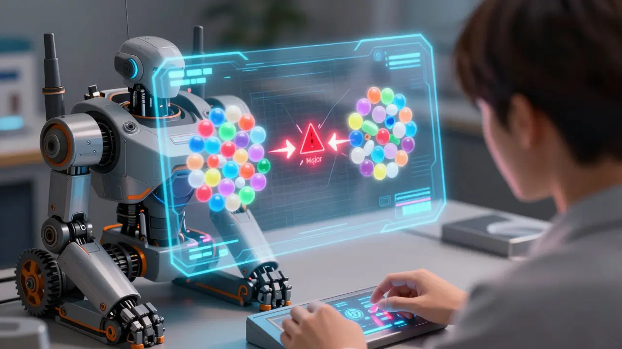 A robot projecting a holographic warning of a major drug interaction for a user reviewing data