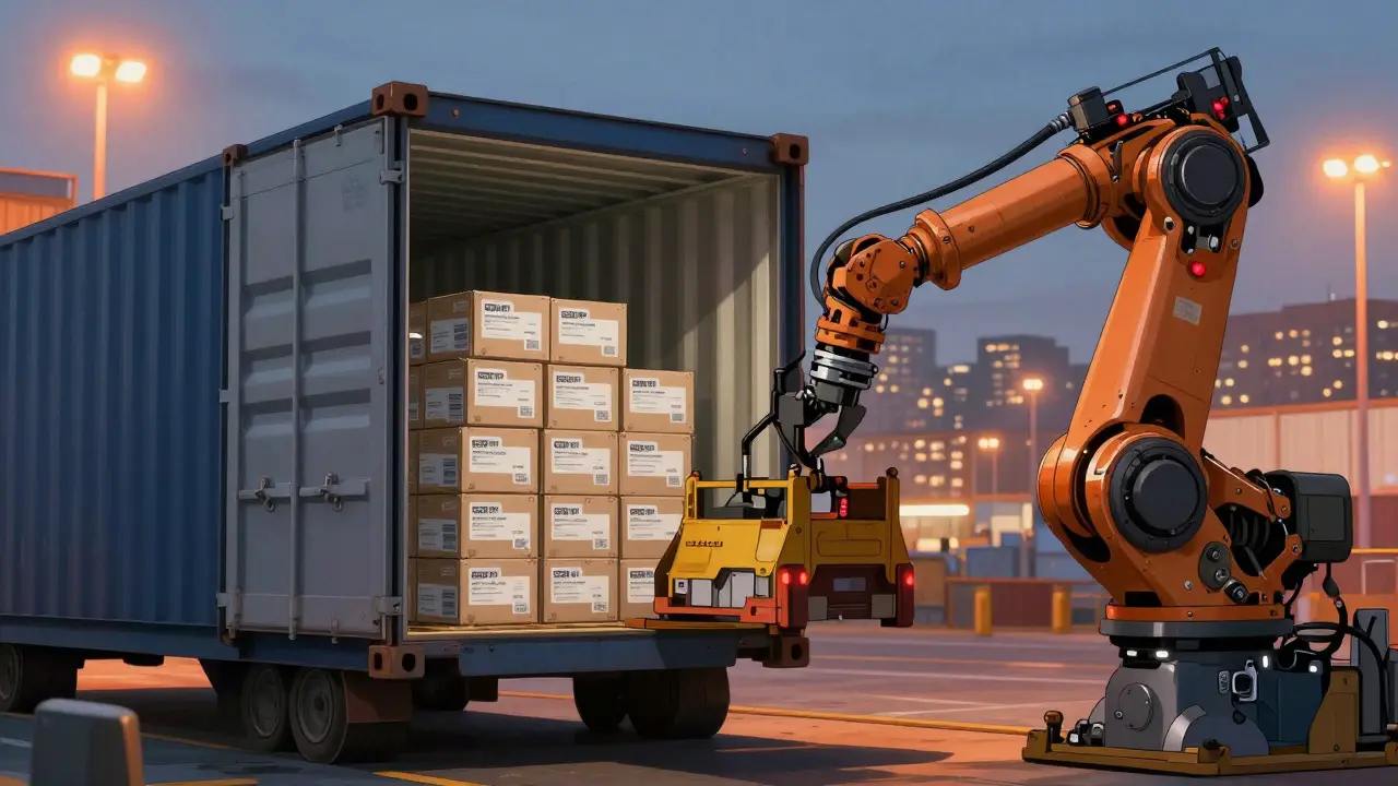 Cargo robots unloading sealed medication boxes from a shipping container