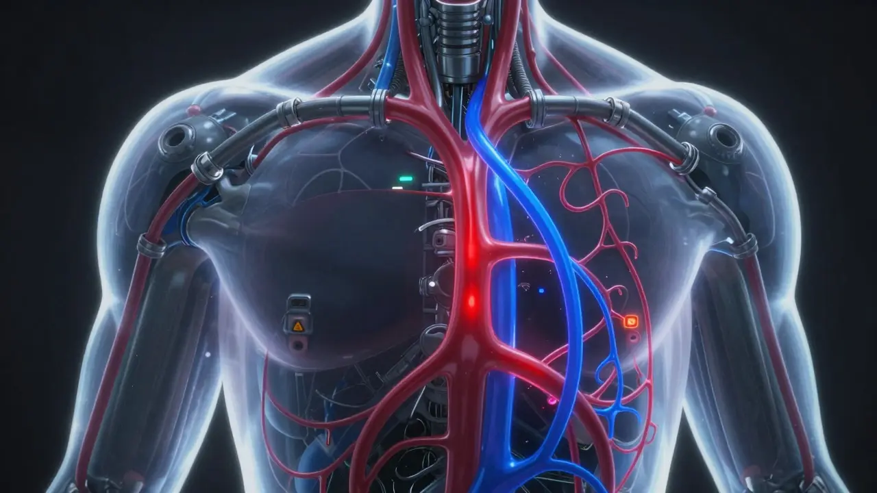 Conceptual art of blood vessels as hydraulic pipes showing pressure drop