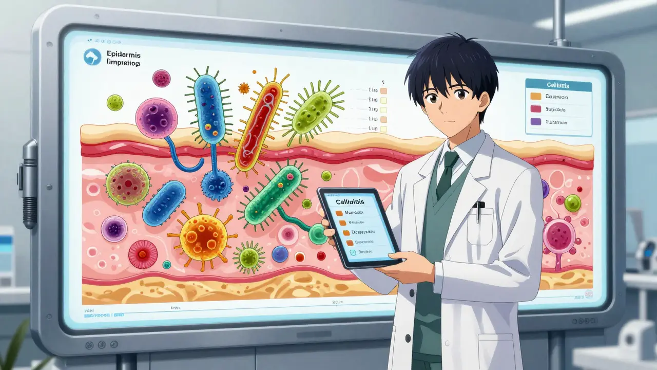 Doctor reviewing bacterial skin infection layers on a digital chart