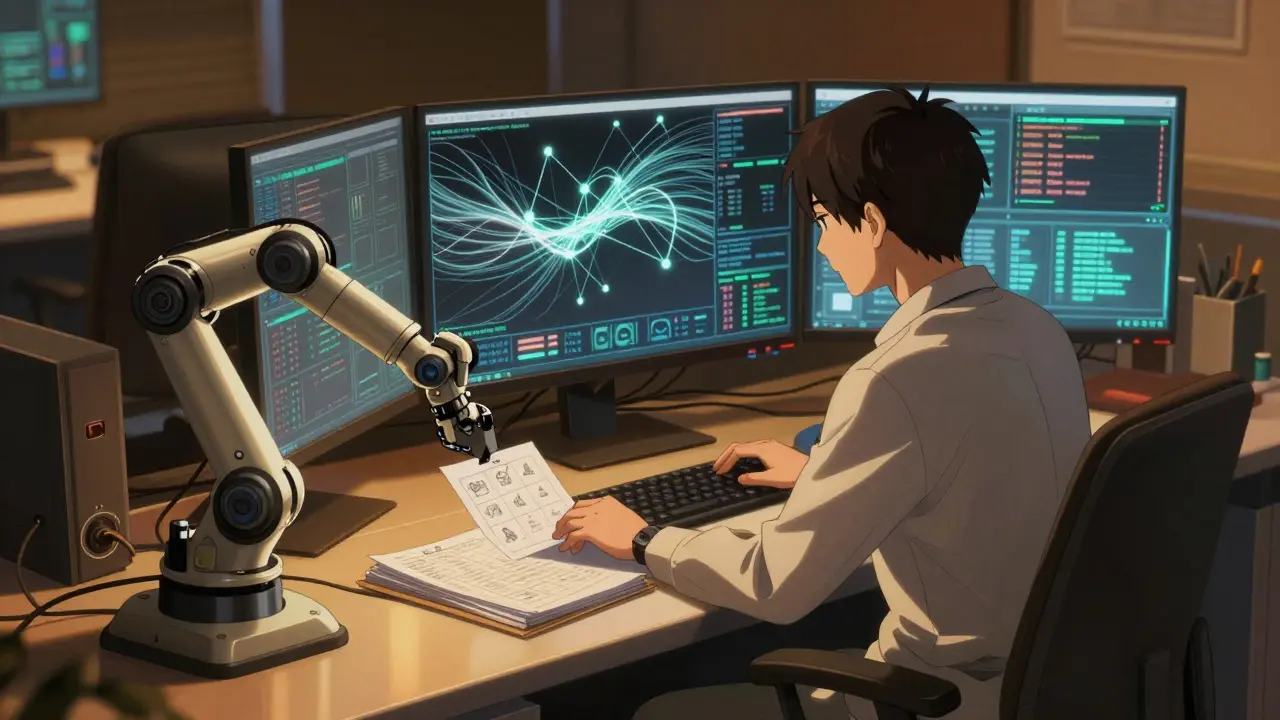 FDA analyst reviewing data streams on a high-tech console with robotic assistance.