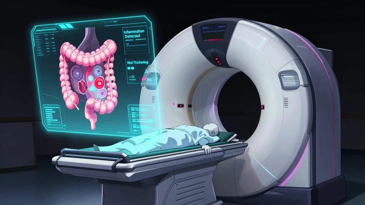 Futuristic holographic scan detecting colon inflammation