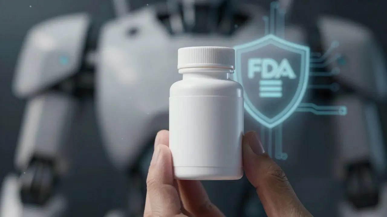 Hand holding a pill bottle with a digital safety shield in background