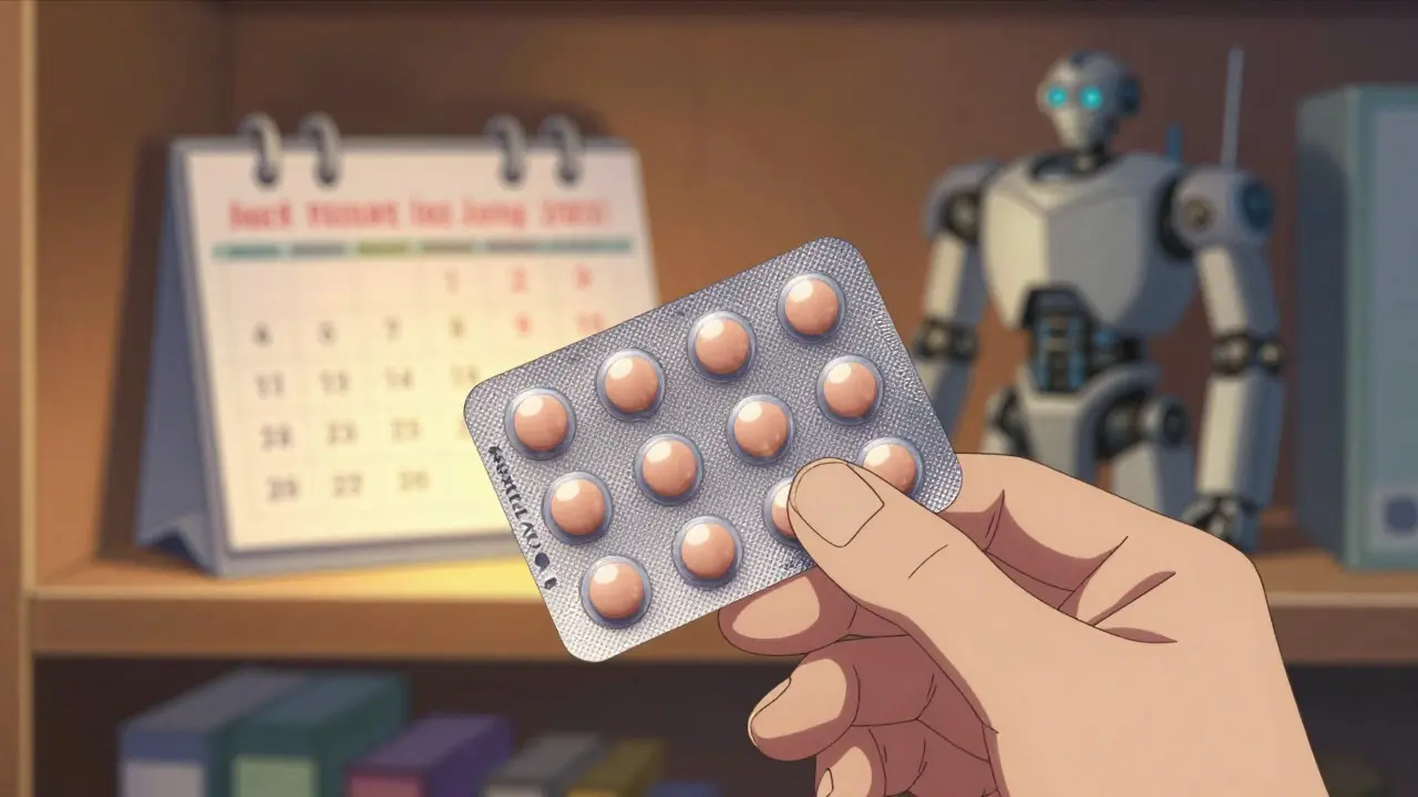 Hand holding birth control pill pack with reminder light