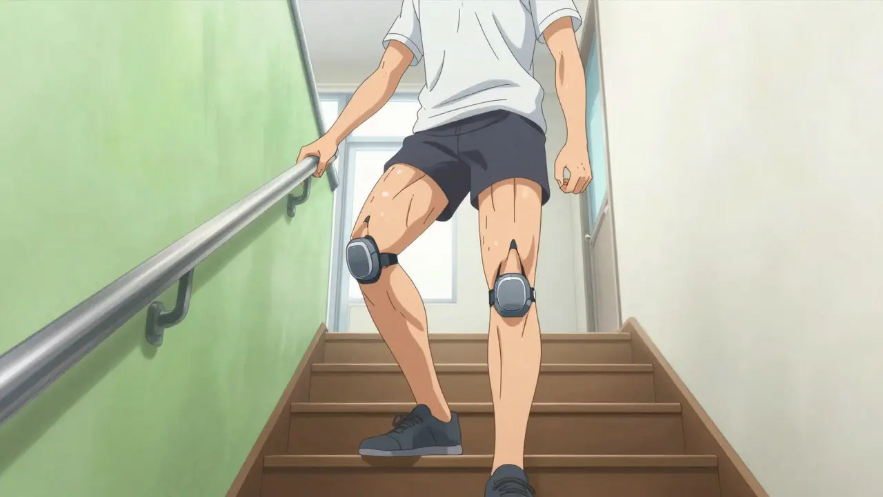Individual confidently climbing stairs after successful rehabilitation